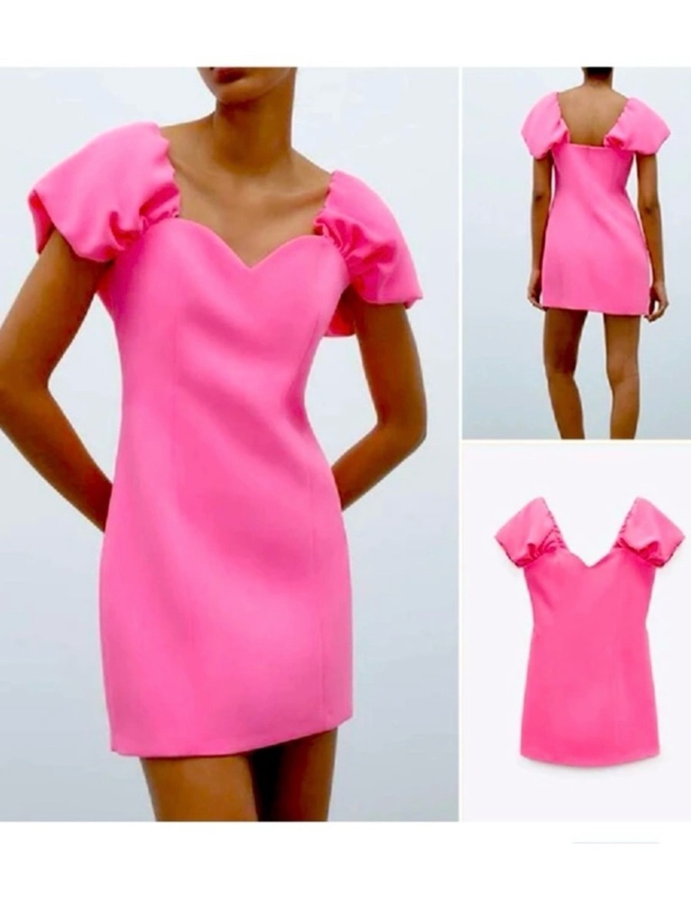 Zara Hot Pink Puff Sleeve Mini Dress Sweetheart Neckline Barbiecore Size L NWT - Picture 7 of 16